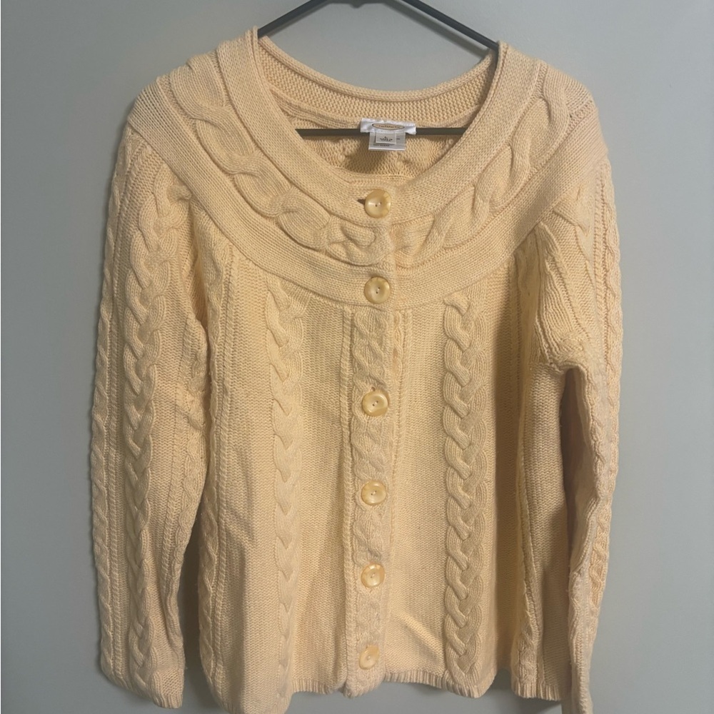 Talbots Yellow Lambswool Blend Cardigan Fisherman Cable Knit Size Large Chunky